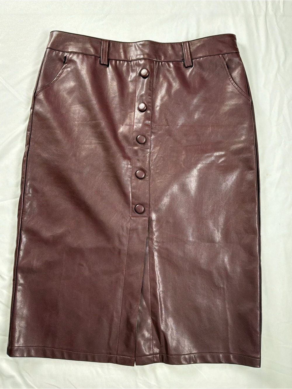 Button-Front Faux Leather Pencil Skirt in Deep Wine